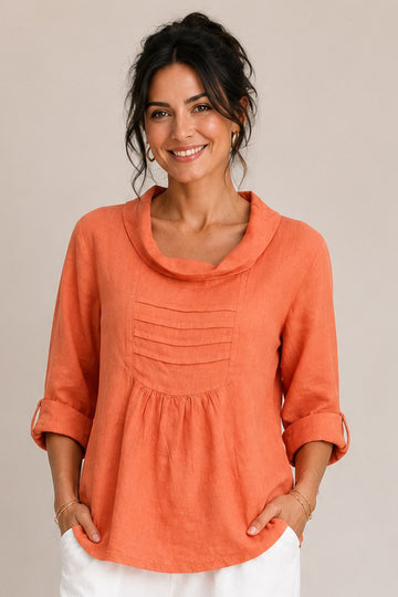 Pleated Front Cowl Neck Linen Blend Top