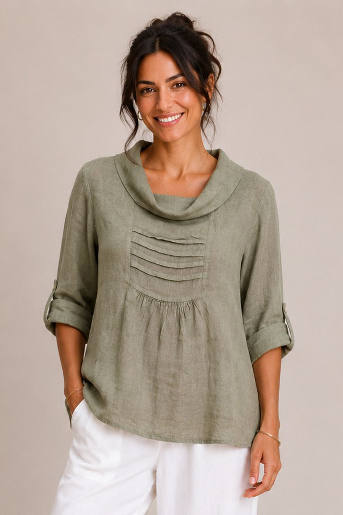 Pleated Front Cowl Neck Linen Blend Top