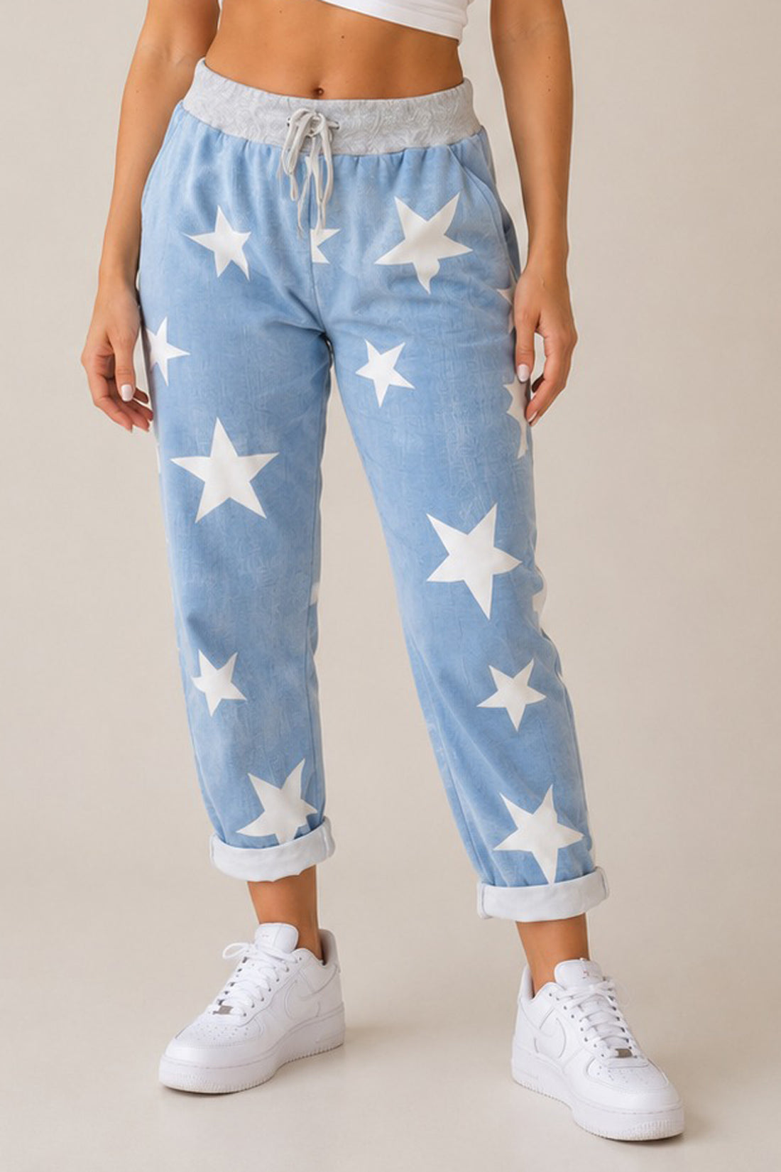 Star Print Drawstring Cuffed Trousers