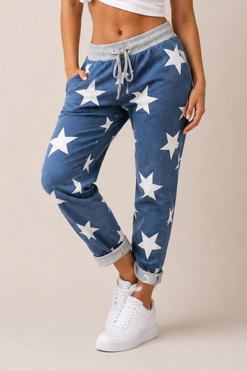Star Print Drawstring Cuffed Trousers
