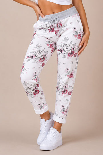 Floral Rose Print Drawstring Waist Trousers