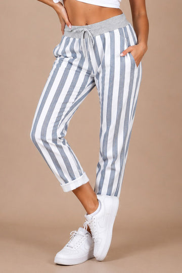 Stripe Print Drawstring Waist Trousers