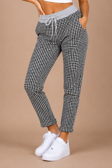 Dogtooth Print Drawstring Waist Trousers