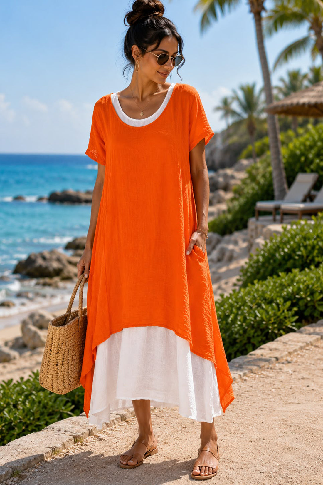 Plain Front Pocket Layered Dress