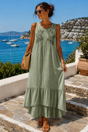 Floral Embroidered Sleeveless Tiered Maxi Dress