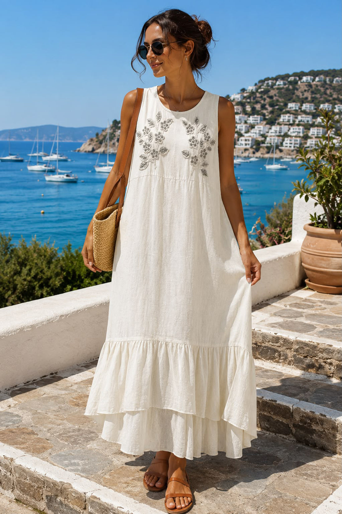 Floral Embroidered Sleeveless Tiered Maxi Dress