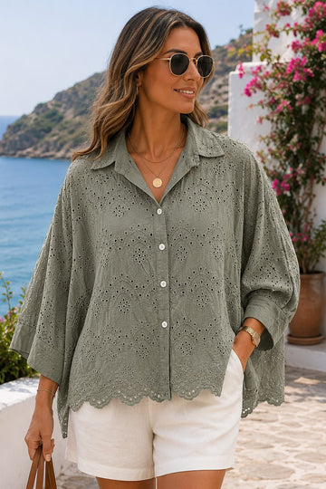 Eyelet Scalloped Hem Front Button Shirt