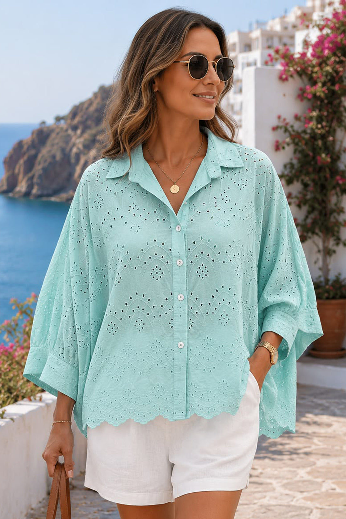 Eyelet Scalloped Hem Front Button Shirt