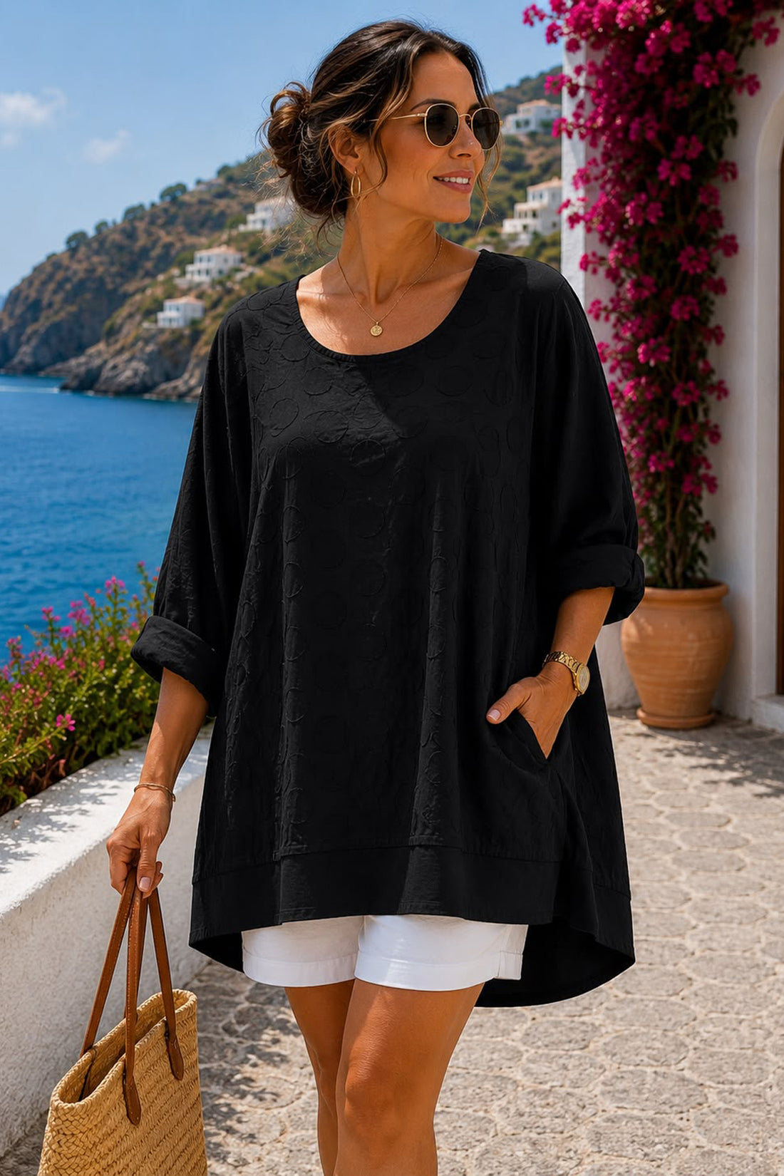 Textured Hi Low Front Pocket Tunic Top