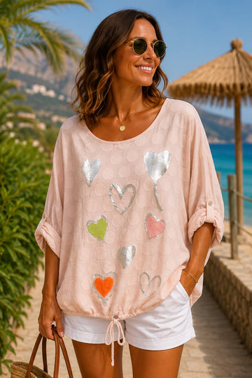 Heart Print Drawstring Hem Tunic Top